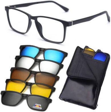 Armao De óculos para Grau Masculino, Mais 5 Clip On óculos De Sol, Troca Lentes, Proteo UV, Cinza Polarizado, Amarelo Noturno, Quadrado Redondo Retangular