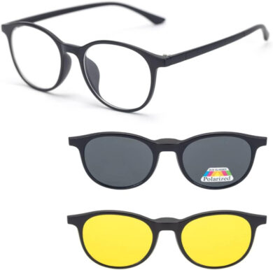 Óculos Masculino Para Grau + 2 Clips Magnéticos de Lente Solar (Proteção UV) Preto Polarizado, Noturno Amarelo, Quadrado/Retangular/Redondo, Troca de Lentes