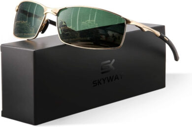 SKYWAY óculos de sol masculinos com lentes polarizadas para proteção UV400 ao ar livre, antirreflexo e redução da fadiga ocular (armação dourada/lente verde)